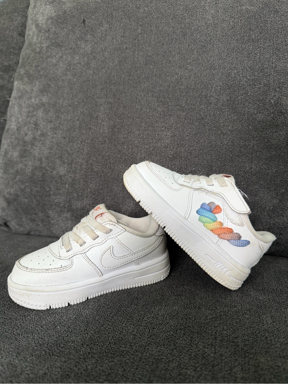 Nike Force 1 White Kids Sneakers with Rainbow Design on Side